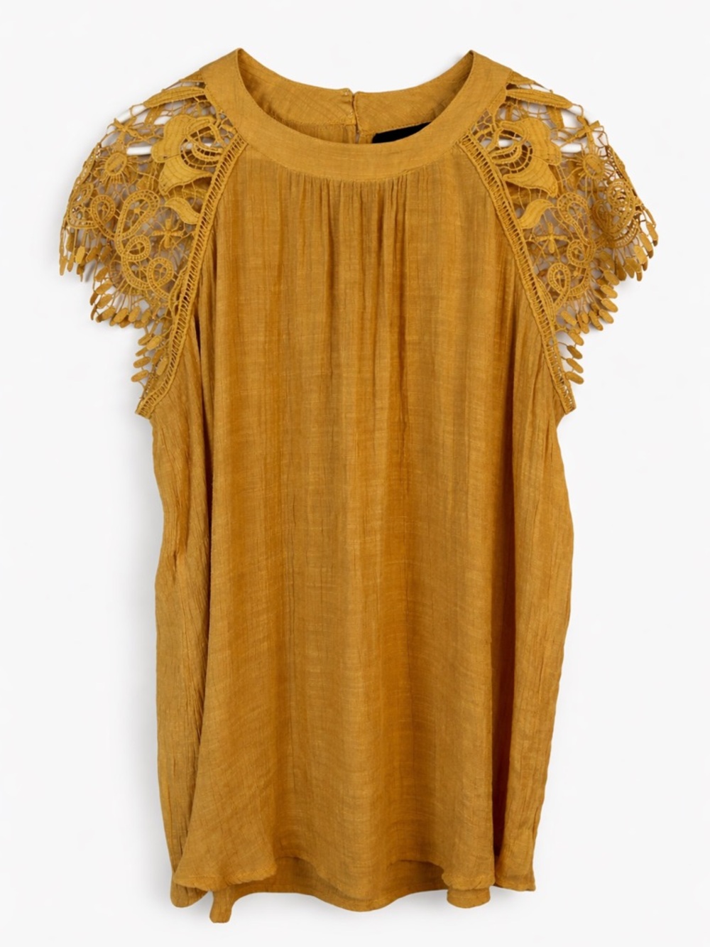 LIV Los Angeles Mustard Boho Lace Shoulder Crinkle Blouse Top Plus 1X